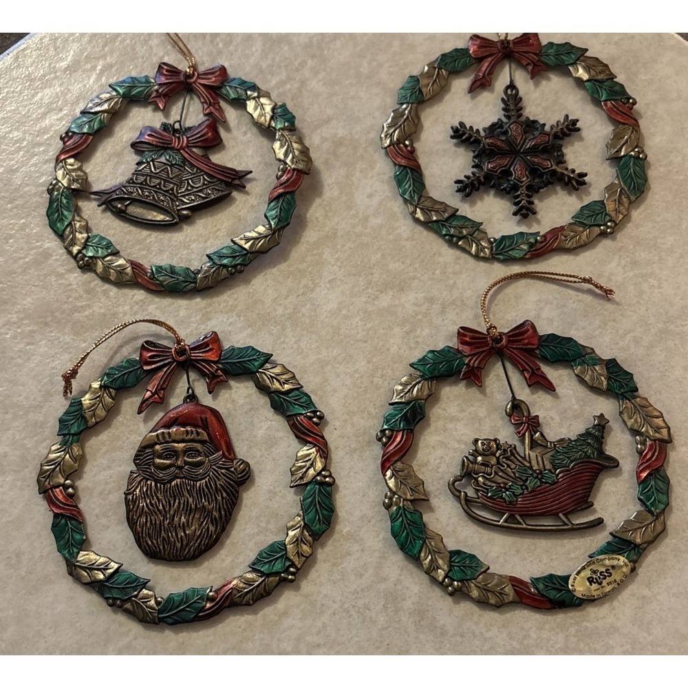 Russ Heirloom Collection Lot of 4 Metal Christmas WreathOrnaments